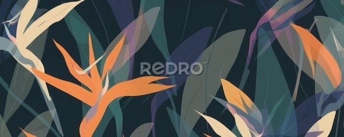 Papier peint  Hand drawn abstract jungle pattern with strelitzia flower. Creative collage contemporary seamless pattern. Natural colors. Fashionable template for, Generative AI