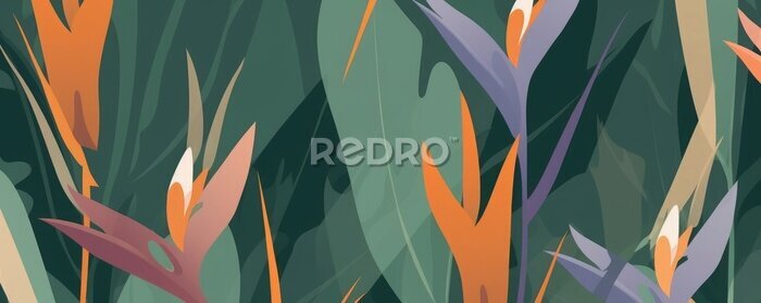 Papier peint  Hand drawn abstract jungle pattern with strelitzia flower. Creative collage contemporary seamless pattern. Natural colors. Fashionable template for, Generative AI