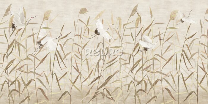 Papier peint  Hand-drawn reeds with flying storks. For interior printing.