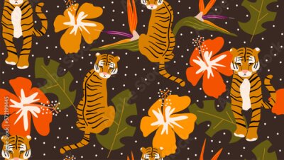 Papier peint  hand drawn seamless vector pattern illustration with tigers, colorful hibiscus and strelitzia flowers and monstera leaves on brown background