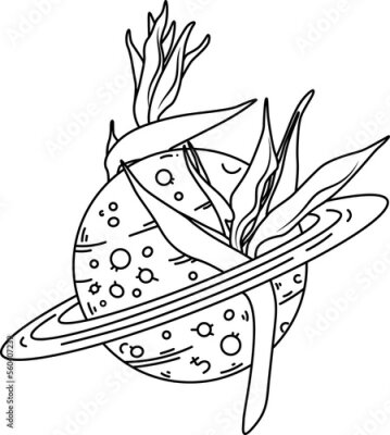 Papier peint  Hand Drawn Vector Saturn Planet Illustration with Strelitzia Flowers. Astrology SVG Outline Composition Perfect for Logo, T-shirt Printing, Cut Design and more. Astrological, Celestial Cut file.