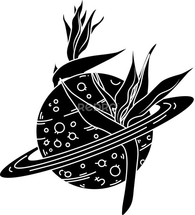 Papier peint  Hand Drawn Vector Saturn Planet Illustration with Strelitzia Flowers. Astrology SVG Outline Composition Perfect for Logo, T-shirt Printing, Cut Design and more. Astrological, Celestial Cut file.