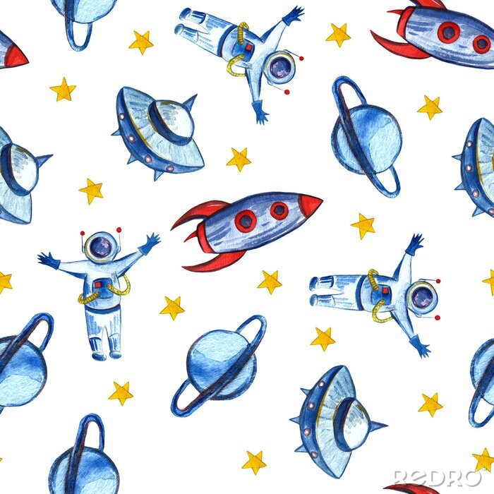 Papier peint  Hand drawn with pencil watercolor Space Background for Kids. Cartoon Rockets, Planets, Stars, Astronaut, Comets and UFOs.