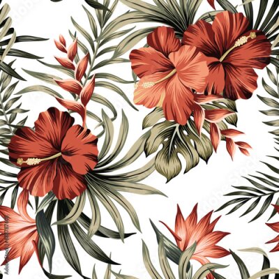 Papier peint  Hawaiian red hibiscus, strelitzia flower and palm leaves tropical seamless pattern. Floral wallpaper with white background.	
