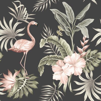Papier peint  Hawaiian vintage botanical floral palm leaves, hibiscus flower, strelitzia, flamingo bird summer floral seamless pattern black background.Exotic jungle night wallpaper.
