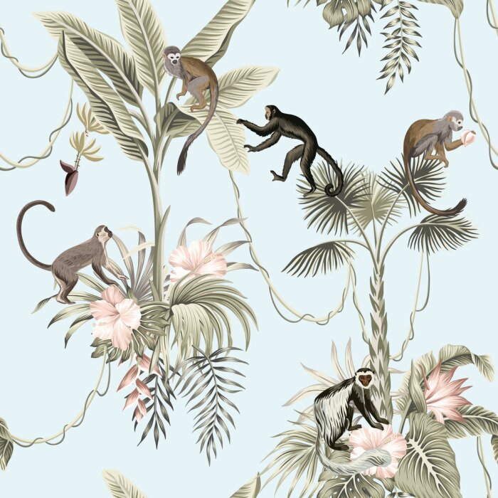 Papier peint  Hawaiian vintage botanical palm tree,banana tree, palm leaves, hibiscus flower, liana, monkey animal summer paradise floral seamless pattern blue background.Exotic jungle wallpaper.