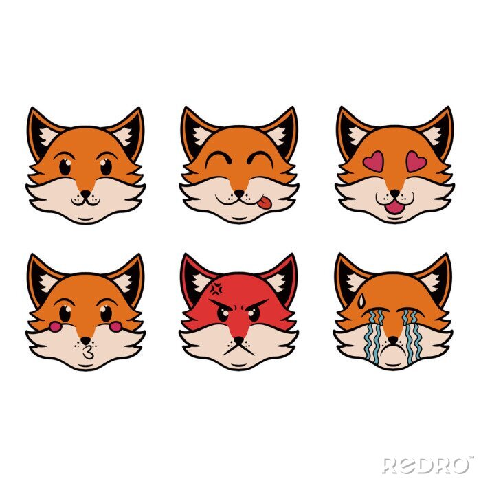 Papier peint  Head of the Emoji Fox in pop art style. Vector set of fox character. Cartoon style. Funny character design