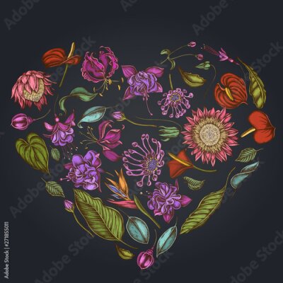 Papier peint  Heart floral design on dark background with african daisies, fuchsia, gloriosa, king protea, anthurium, strelitzia