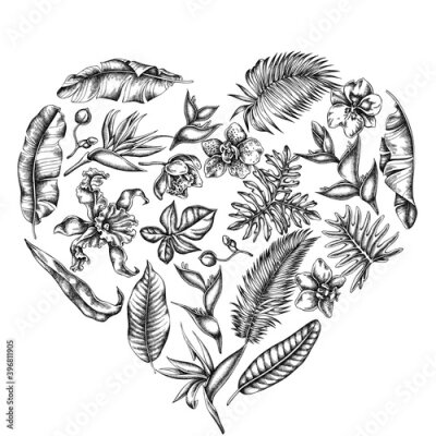Papier peint  Heart floral design with black and white monstera, banana palm leaves, strelitzia, heliconia, tropical palm leaves, orchid