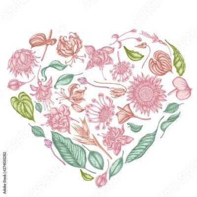 Papier peint  Heart floral design with pastel african daisies, fuchsia, gloriosa, king protea, anthurium, strelitzia