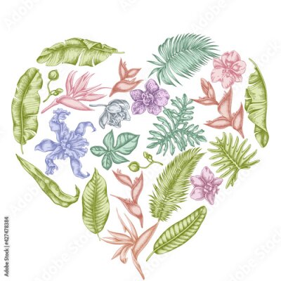Papier peint  Heart floral design with pastel monstera, banana palm leaves, strelitzia, heliconia, tropical palm leaves, orchid