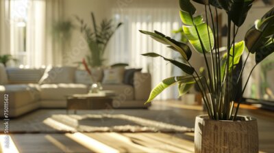 Papier peint  Heliconia Plant Strelitzia in a Stylish Pot Basking in Warm Natural Light Indoors.
