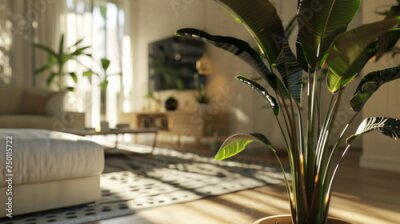 Papier peint  Heliconia Plant Strelitzia in a Stylish Pot Basking in Warm Natural Light Indoors.