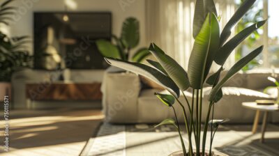 Papier peint  Heliconia Plant Strelitzia in a Stylish Pot Basking in Warm Natural Light Indoors.