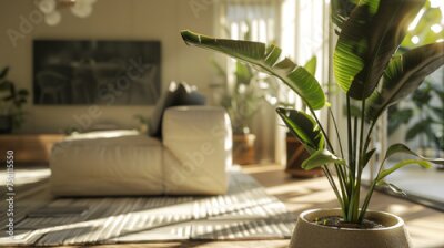 Papier peint  Heliconia Plant Strelitzia in a Stylish Pot Basking in Warm Natural Light Indoors.