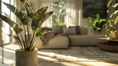 Papier peint  Heliconia Plant Strelitzia in a Stylish Pot Basking in Warm Natural Light Indoors.