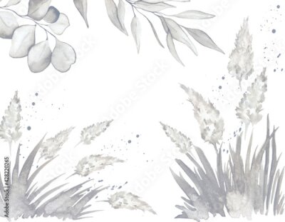 Papier peint  Herbe et feuilles de pampa fleuries de style aquarelle