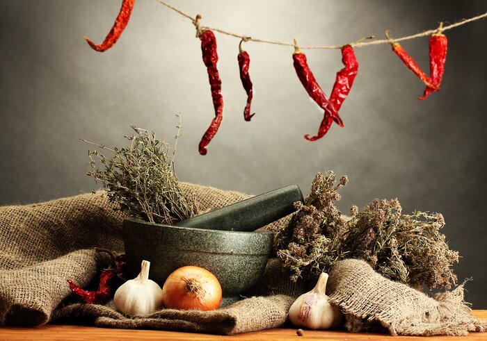 Papier peint  Herbes aromatiques et légumes séchés