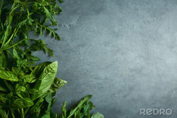 Papier peint  Herbes aromatiques vertes sur une table de travail gris