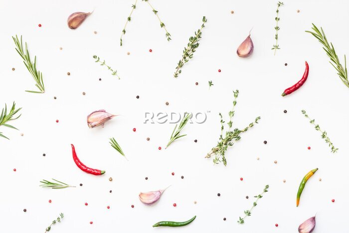 Papier peint  Herbes vertes, poivrons et épices sur fond blanc