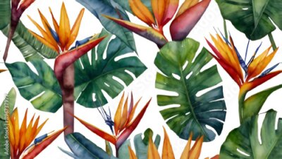 Papier peint  Here's a sentence describing the image using the provided words:

Vibrant orange Strelitzia blossoms, a tropical paradise of exotic flora, bloom against lush green leaves
