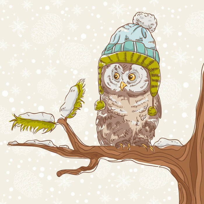 Papier peint  Hibou d'hiver assis dans un bonnet sur une branche