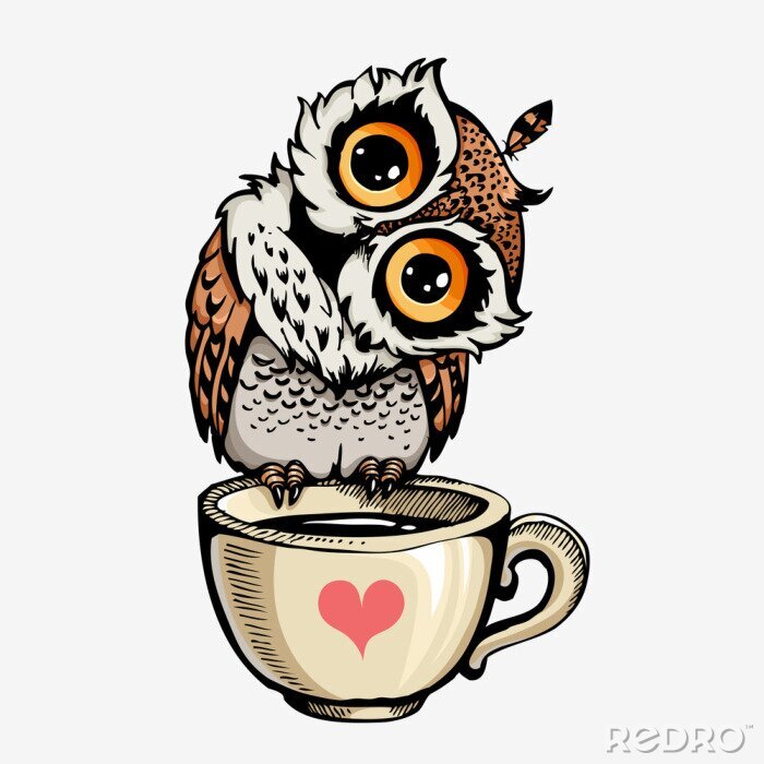 Papier peint  Hibou sur une tasse avec un coeur