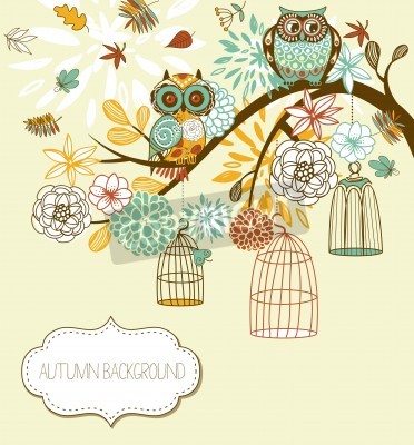 Papier peint  Hiboux et chouettes fleurs sur un arbre