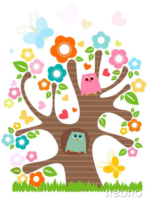 Papier peint  Hiboux sur un arbre coloré