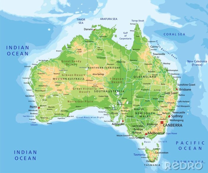 Papier peint  High detailed Australia physical map with labeling.
