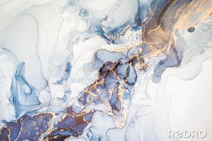 Papier peint  High resolution. Luxury abstract fluid art painting in alcohol ink technique, mixture of dark blue, gray and gold paints. Imitation of marble stone cut, glowing golden veins. Tender and dreamy design.