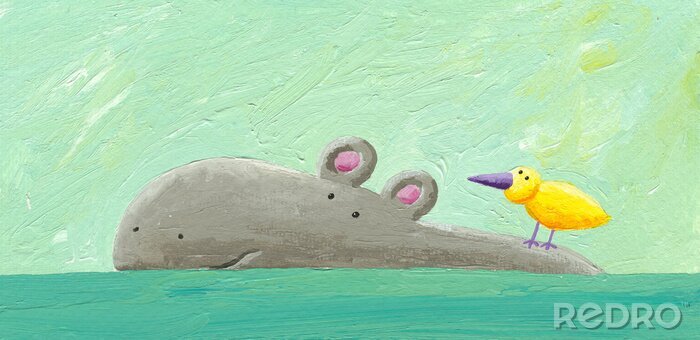 Papier peint  Hippopotame et un oiseau jaune