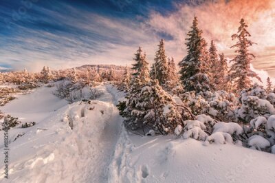 Papier peint  Hiver, Coucher soleil, Beskids, montagnes