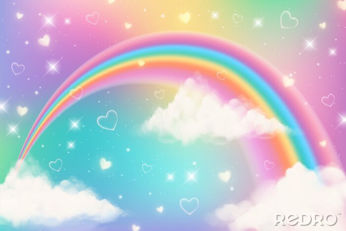 Papier peint  Holographic fantasy rainbow unicorn background with clouds. Pastel color sky. Magical landscape, abstract fabulous pattern. Cute candy wallpaper. Vector.