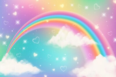 Papier peint  Holographic fantasy rainbow unicorn background with clouds. Pastel color sky. Magical landscape, abstract fabulous pattern. Cute candy wallpaper. Vector.