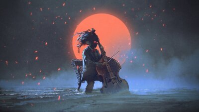 homme mystérieux assis sur une chaise jouant du violoncelle dans la mer aginst le ciel nocturne avec la lune rouge, style art numérique, illustration peinture
