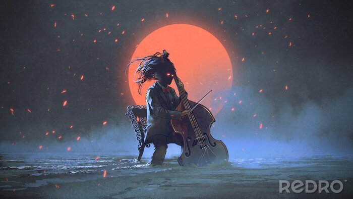Papier peint  homme mystérieux assis sur une chaise jouant du violoncelle dans la mer aginst le ciel nocturne avec la lune rouge, style art numérique, illustration peinture