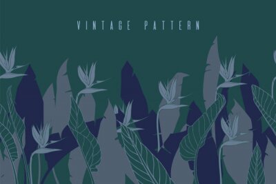 Papier peint  Horizontal banner with strelitzia flowers and leaves. Floral seamless texture with bird of paradise or crane flower. Vintage dark background. Silhouettes of tropical plants.