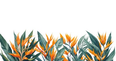 Papier peint  Horizontal border with tropical flowers and palm leaves. Watercolor illustration on white background. Generative AI