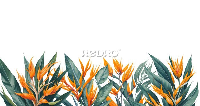 Papier peint  Horizontal border with tropical flowers and palm leaves. Watercolor illustration on white background. Generative AI