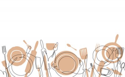 Horizontal Cooking Pattern. Background with utensils. Continuous line drawing. Vector illustration. 