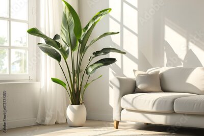Papier peint  horizontal image of a bright living room with a large tropical houseplant, giant white bird of paradise, strelitzia nicolai, copy space