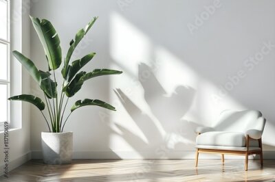 Papier peint  horizontal image of a bright living room with a large tropical houseplant, giant white bird of paradise, strelitzia nicolai, copy space