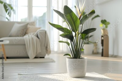Papier peint  horizontal image of a bright living room with a large tropical houseplant, giant white bird of paradise, strelitzia nicolai, copy space