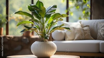 Papier peint  horizontal image of a bright living room with a large tropical houseplant, giant white bird of paradise, strelitzia nicolai, copy space : Generative AI