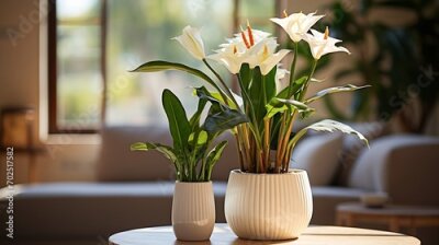 Papier peint  horizontal image of a bright living room with a large tropical houseplant, giant white bird of paradise, strelitzia nicolai, copy space : Generative AI