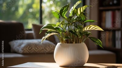 Papier peint  horizontal image of a bright living room with a large tropical houseplant, giant white bird of paradise, strelitzia nicolai, copy space : Generative AI