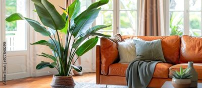 Papier peint  Horizontal image of a vibrant living room featuring a large tropical houseplant the giant white bird of paradise strelitzia nicolai with copy space