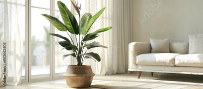 Papier peint  Horizontal picture of a well-lit living room featuring a large tropical plant, the imposing white bird of paradise known as Strelitzia Nicolai, with space for text.