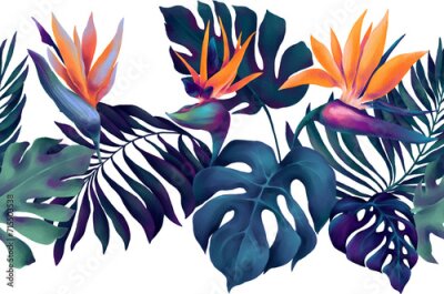 Papier peint  Horizontal seamless border with watercolor colorful strelitzia flowers, deep blue and green monstera and palm leaves